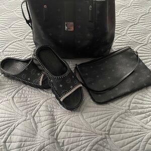 Black Designer Tote, Clutch, and Sandals Set